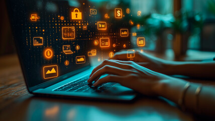 Digital Shopping Experience: Hands Typing on Laptop with Online Icons
