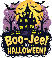 Vibrant Halloween Illustration: Haunted House, Bats, and Festive Jack-o'-Lanterns
