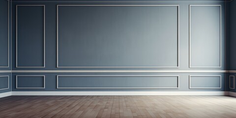 A modern living room with blue walls and wooden flooring showcasing elegant molding and a spacious atmosphere