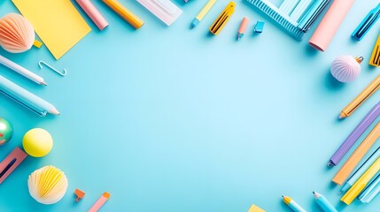Colorful Stationery Flat Lay on Blue Background