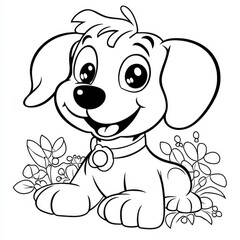 Delightful and adorable line art of a cheerful dog in a playful pose surrounded by flowers, perfect for young children to color and enjoy their creativity