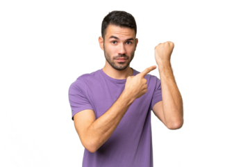 Young handsome caucasian man over isolated background making the gesture of being late