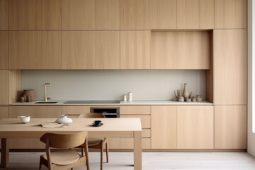 A modern light wooden kitchen with minimalist design featuring sleek cabinetry and a cozy dining area, evoking a serene atmosphere perfect for casual gatherings