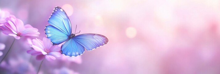 butterfly with big blue wing sitting on purple flower with blur background