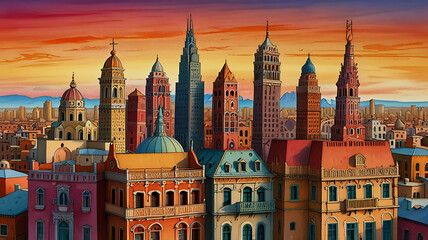 Fototapeta premium An array of diverse architectural styles from different cultures, illustrated as colorful buildings, each with unique designs, forming a cohesive skyline on a gradient sunset background.