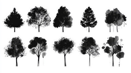 Fototapeta premium Trendy set of black silhouettes of trees on a white background, made with ink, rough brushstrokes. Generative AI