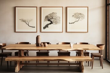 Rustic live edge dining table with wooden log chairs under artistic tree prints in a cozy dining area