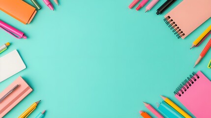 Colorful Stationery on Turquoise Background, School Supplies