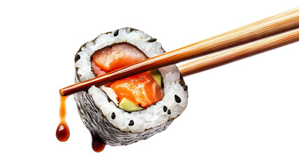 Delicious sushi roll with fresh ingredients, dripping soy sauce, held by chopsticks, cut out