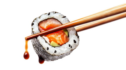Delicious sushi roll with fresh ingredients, dripping soy sauce, held by chopsticks, cut out