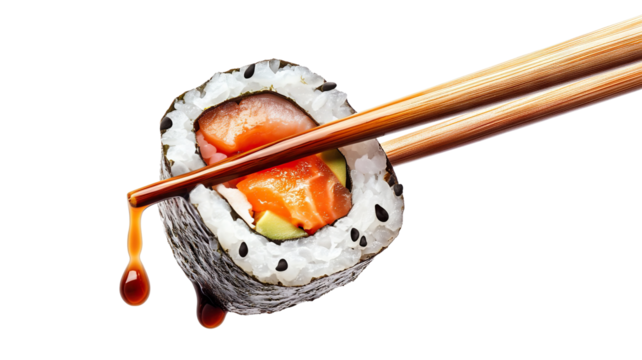Delicious sushi roll with fresh ingredients, dripping soy sauce, held by chopsticks, cut out