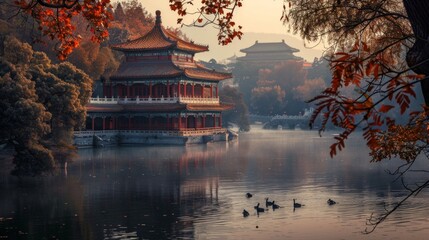 Fototapeta premium A picturesque Chinese building on a serene lake island in autumn, surrounded by birds and colorful trees, resembles a classic Chinese painting come to life.