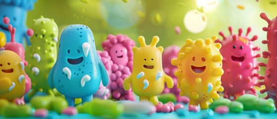 Obraz premium Illustration of colorful whimsical creatures on a green background. Various shapes and colors, some flying, some on grass, creating a playful vibe.