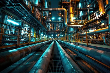 Obraz premium A close-up shot of industrial pipes and equipment in a large industrial area