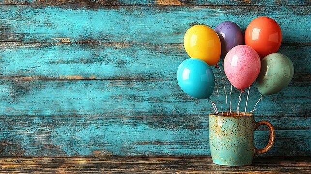   A mug holding colorful balloons sits atop a wooden table, in front of a blue-painted wall