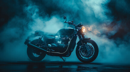 A vintage motorcycle stands in a dark, moody scene with atmospheric lighting and blue smoke. The...