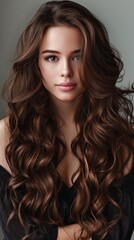 Naklejka premium Professional studio portrait of a woman with wavy brown hair, blue eyes, in black blouse, soft smile, crossed arms. Makeup enhances natural beauty in front of a gray background.