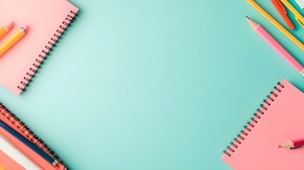 Obraz premium Pastel Pink Notebooks and Pencils on Turquoise Background