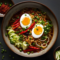  a bowl of spicy ramen noodles topped with sliced green onions, a soft-boiled egg,