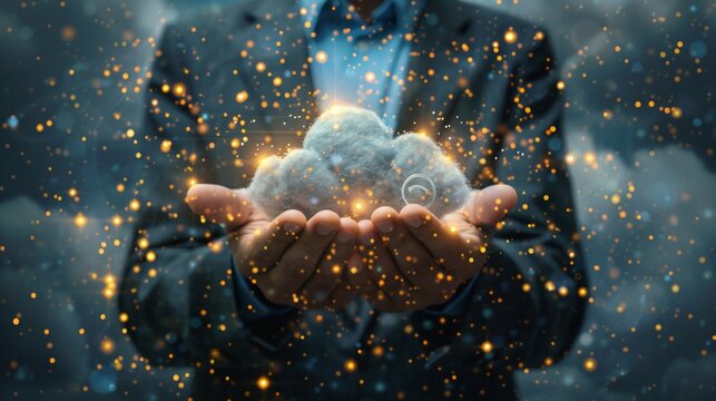 A man holds a digital cloud in a black suit, surrounded by lights and a world map. Theme suggests global connectivity or technology in a futuristic setting.