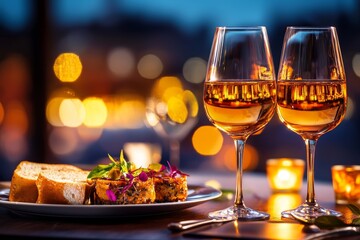 Naklejka premium Cozy candlelit dinner in a romantic bistro, intimate ambiance, culinary indulgence, unforgettable moments, pencil strokes, high-quality, realistic :: wine glasses, gourmet cuisine, soft music,