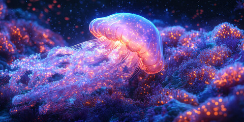 Underwater Scene with Glowing Coral Reefs and Majestic Jellyfish