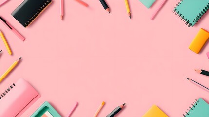 Pink Background with School Supplies and Copy Space