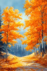 Fototapeta premium Watercolor Thanksgiving scene with vivid yellow leaves and clear blue sky shining with sunlight