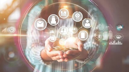 Woman Holding Coins with Digital Icons:  A woman's hands hold coins, surrounded by glowing digital icons representing online business, finance, and innovation. The image evokes a sense of financial su