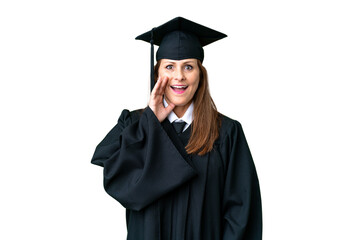 Middle age university graduate woman over isolated background with surprise and shocked facial expression