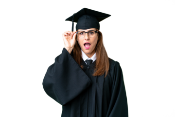 Middle age university graduate woman over isolated background with glasses and surprised