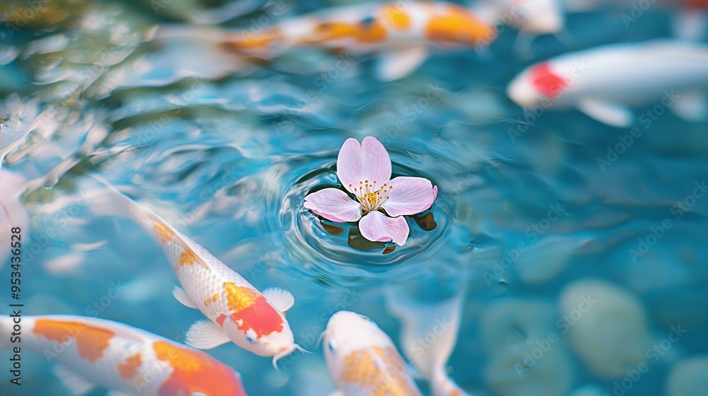 Poster a pond with abundant fish and a floating pink flower above blue water containing koi