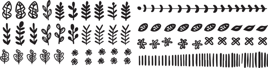 Charcoal Doodle Scribble Hand Drawn Floral Elements Nature Botanical Clipart Including Flowers Leaves Branches Ideal for Rustic Wedding Designs Simple Floral Graphics Organic Shapes