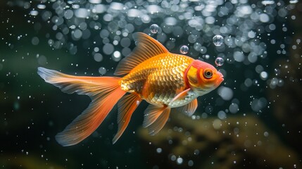 Fototapeta premium Golden Goldfish Underwater with Bubbles