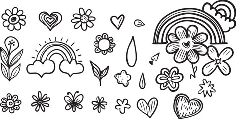 Charcoal doodle flower and butterfly illustration a rainbow heart. Perfect for spring and summer designs, floral graphics, nature-themed projects, and botanical decoration elements.
