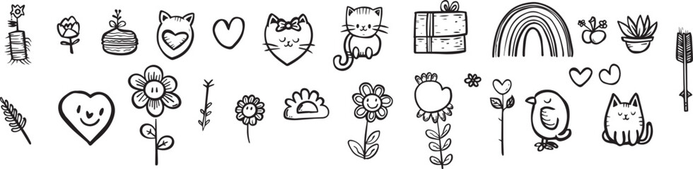 Charcoal doodle sketch hand drawn Valentine's Day elements including romantic love cats flowers hearts rainbow gift box arrow and cute design clipart illustration for various uses