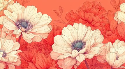   Close-up of a bouquet of red flowers against an orange and white backdrop with a prominent white and orange blossom at center