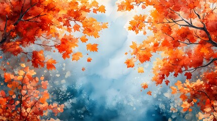 Bright blue sky with glowing yellow maple leaves and sunlight in watercolor style for Thanksgiving