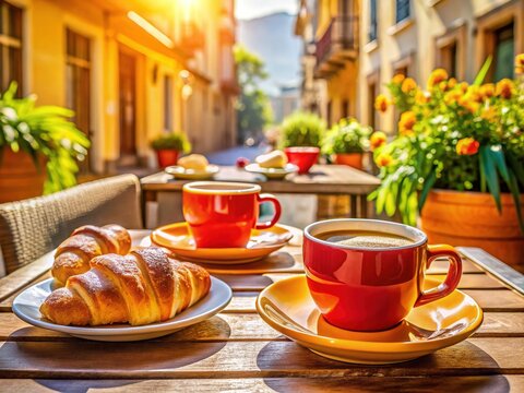 Vibrant espresso cups and freshly baked cornetti adorn a sunny Italian trattoria table, evoking a sense of la dolce vita on a warm morning.