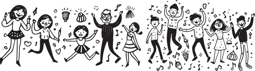 Charcoal doodle illustration depicting a lively group of people dancing at a party celebration hand drawn line art in on a transparent capturing festive moments