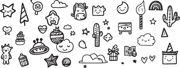 Charcoal Doodle Scribble Set of Cute Hand Drawn Icons on White Kawaii Cartoon Characters Flowers Stars for Birthday Party Baby Shower Rainbow Unicorn Alien Spaceship Cat Cactus