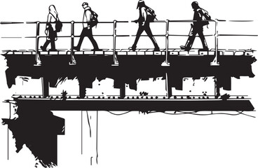 Fototapeta premium Charcoal Doodle Illustration of Four People Walking on Bridge in Showcasing Cityscape Urban Life Minimalist Artwork Architecture Design Element Silhouette for Graphic Modern Art Print