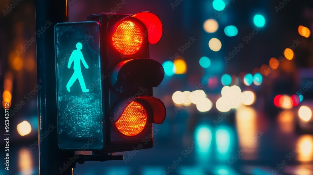 Poster traffic light with a pedestrian crossing signal illuminated, showing a walking figure, set against a