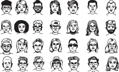 Charcoal Doodle Scribble Diverse Faces Avatar Bundle Line Art Vector Illustration Icon Set Profile Picture Outline Drawing People Clipart Collection for Creative Projects and Digital Use
