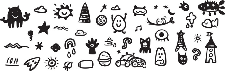 Charcoal Doodle Scribble Hand Drawn Cute Monster Alien Spaceship Star Rainbow Elements Collection Clip Art Illustration Digital Stickers Scrapbook Pattern Icons Logos Kawaii Funny
