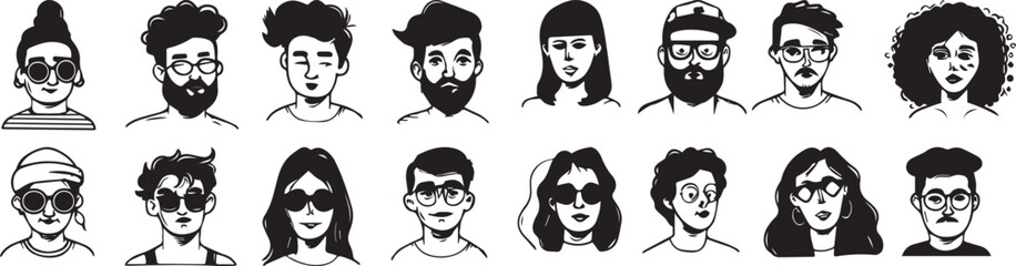 Charcoal Doodle Scribble Diverse Faces Avatar Set Vector Illustration Line Art Profile Icons Collection Male and Female Portraits Ideal for Social Media Use