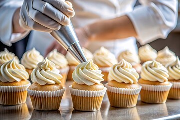 Decorating Cupcakes with Cream Frosting. A close-up shot of a hand using a pastry bag to pipe creamy frosting onto a batch of freshly baked cupcakes. 