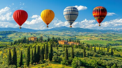 Fototapeta premium Hot air balloons soar over lush green valley, surrounded by majestic trees and mountains