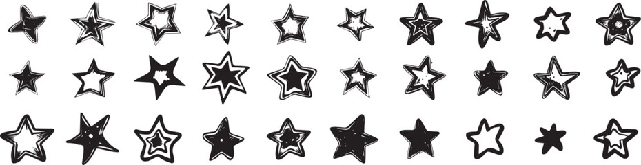 Charcoal Doodle Scribble Set hand drawn doodle stars in showcasing various shapes and sizes representing celestial elements for a starry night sky space theme.