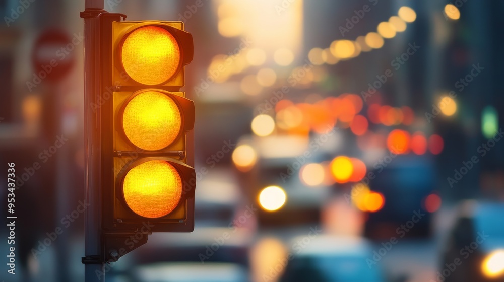 Aufkleber traffic light with a yellow signal illuminated, set against a busy urban backdrop with cars and blur